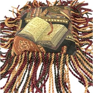 Vintage Tapestry throw pillow braided tassels library books